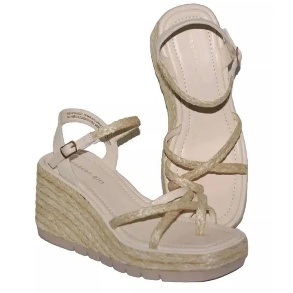 Light Beige Nude Women Espadrille Strappy Chunky Wedge Platform Sandals 9.5 M